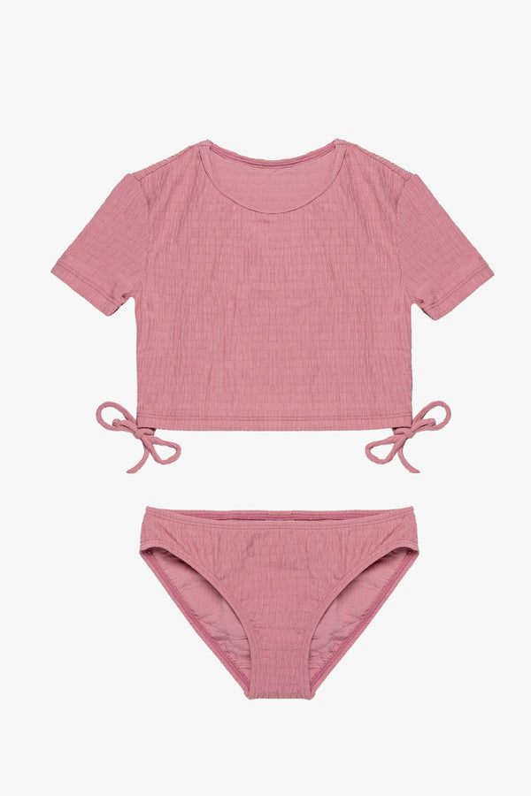 Girls Pink Textured Short Sleeve Swim Set with Side Tie