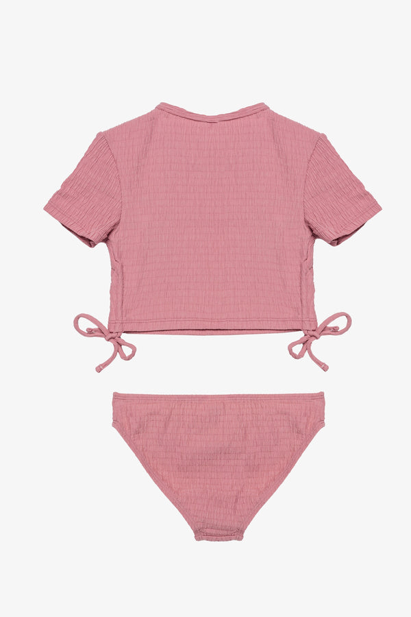 Girls Pink Textured Short Sleeve Swim Set with Side Tie