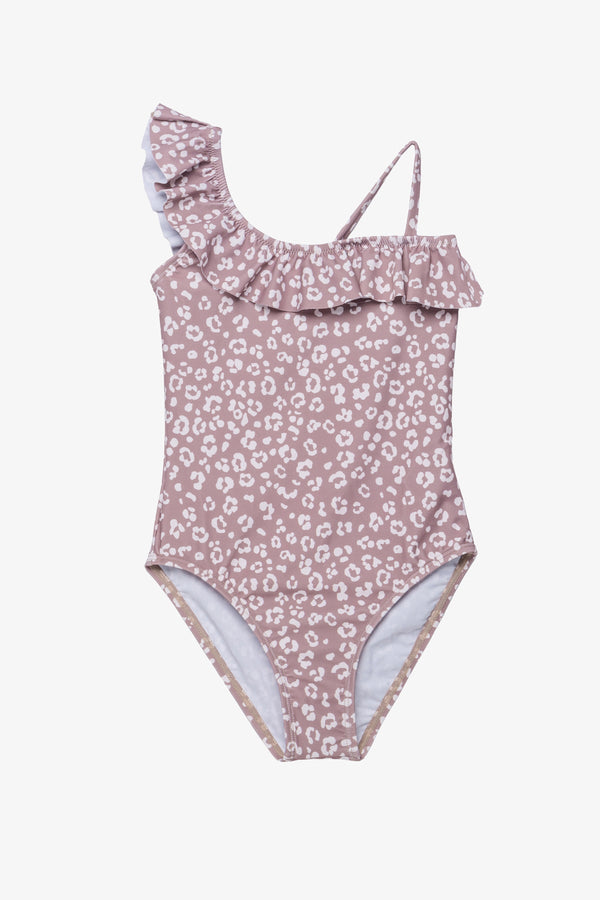 Girls Leopard Print One-Shoulder Ruffle Swimsuit