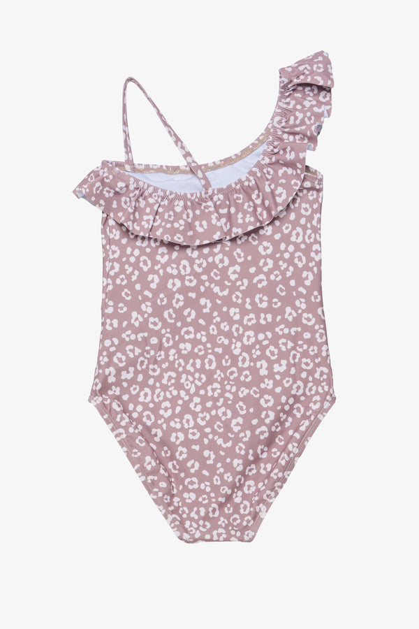 Girls Leopard Print One-Shoulder Ruffle Swimsuit