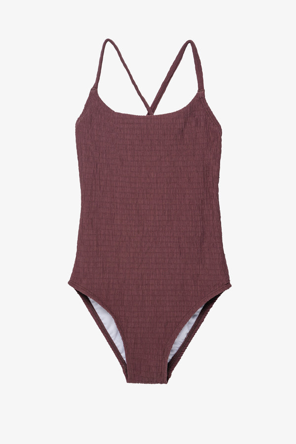 Girls Brown Textured Criss-Cross Back Swimsuit