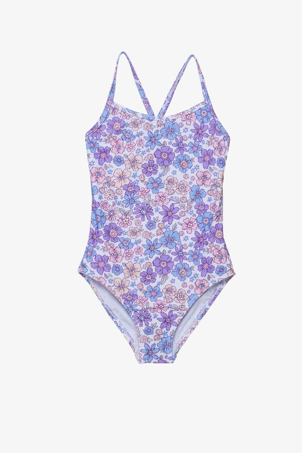 Girls Purple Floral Criss-Cross Back Swimsuit