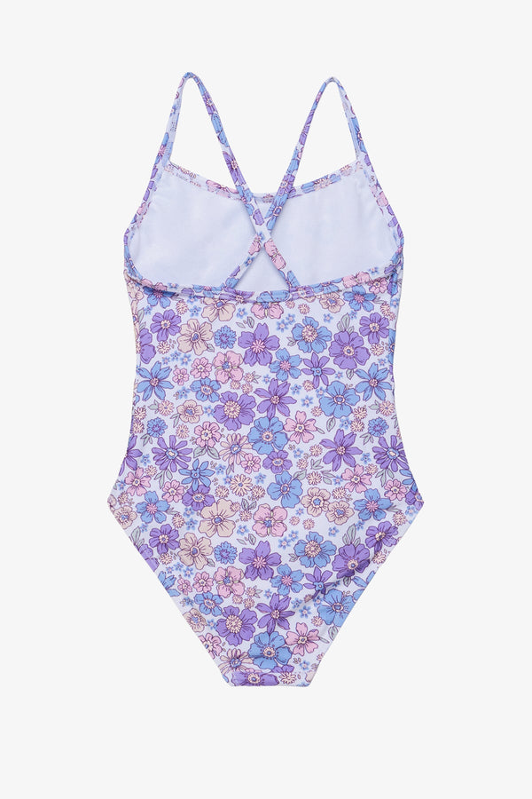 Girls Purple Floral Criss-Cross Back Swimsuit