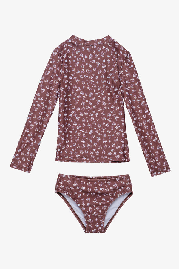 Girls Brown Floral Long Sleeve Rash Guard Set