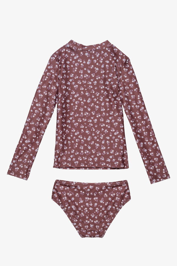 Girls Brown Floral Long Sleeve Rash Guard Set