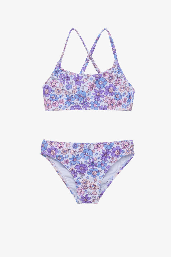 Girls Purple Floral Criss Cross Strap Bikini Set