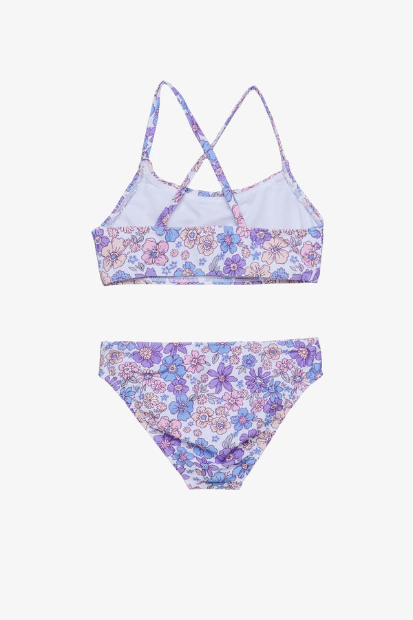 Girls Purple Floral Criss Cross Strap Bikini Set