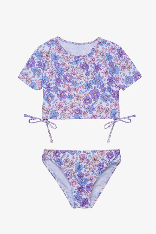 Girls Purple Floral Short Sleeve Side Tie Bikini Set