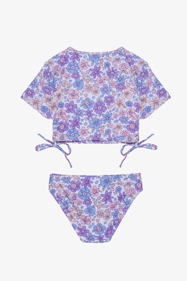 Girls Purple Floral Short Sleeve Side Tie Bikini Set