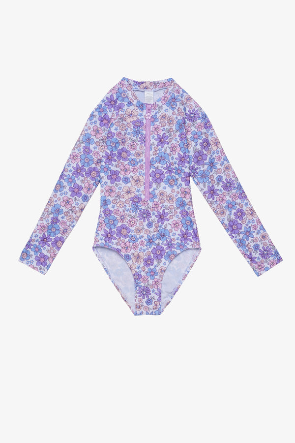 Girls Purple Floral Long Sleeve Zip Front Swimsuit
