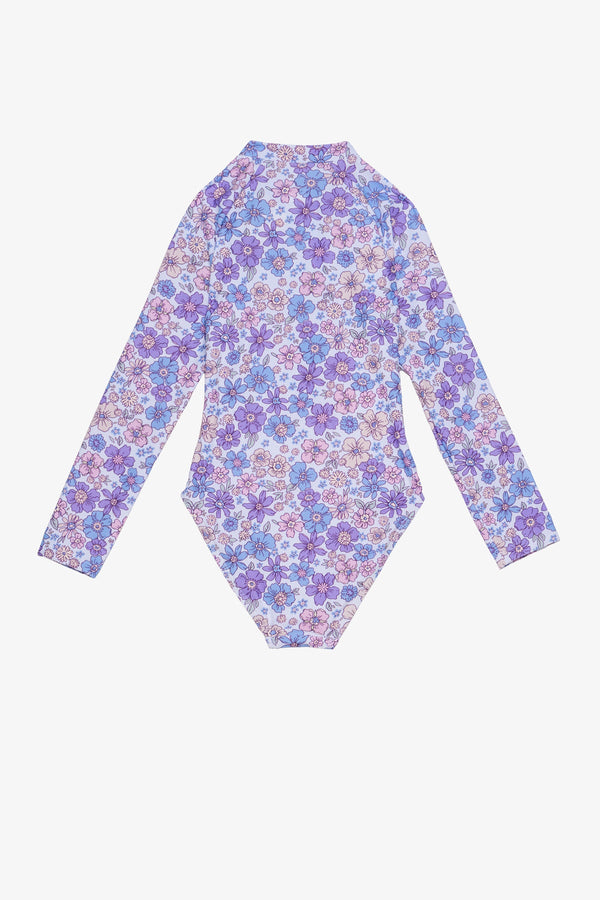 Girls Purple Floral Long Sleeve Zip Front Swimsuit
