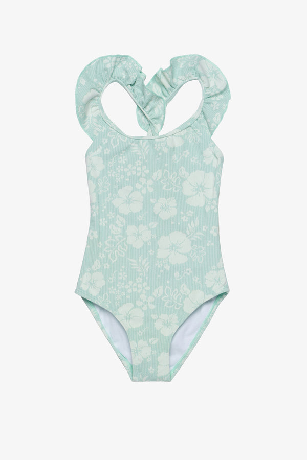 Girls Green Textured Ruffle Swimsuit