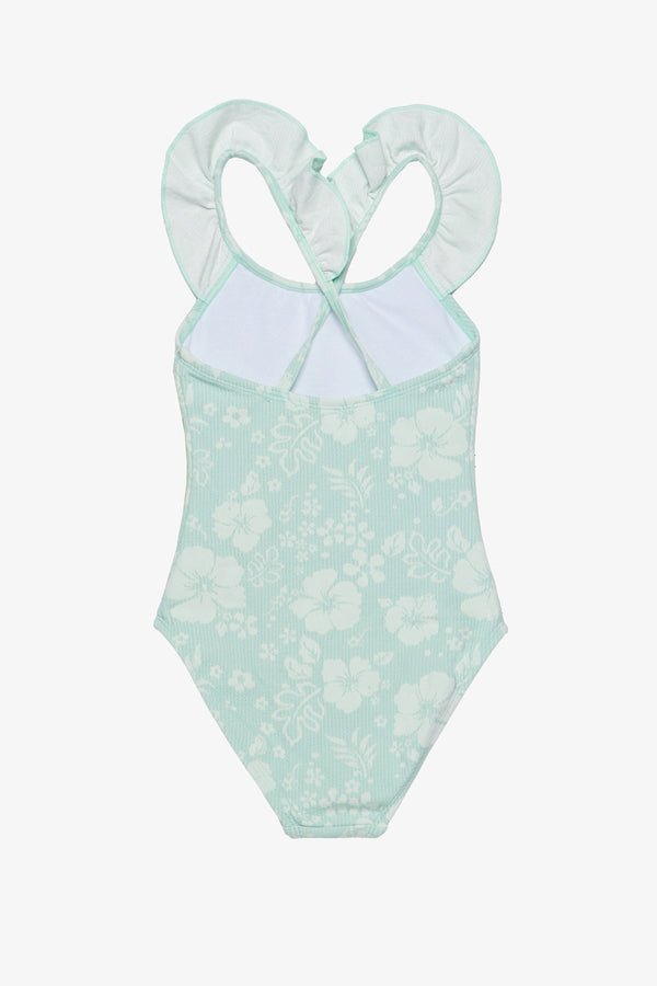 Girls Green Textured Ruffle Swimsuit