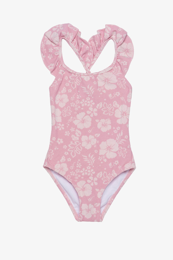 Girls Pink Textured Ruffle Swimsuit