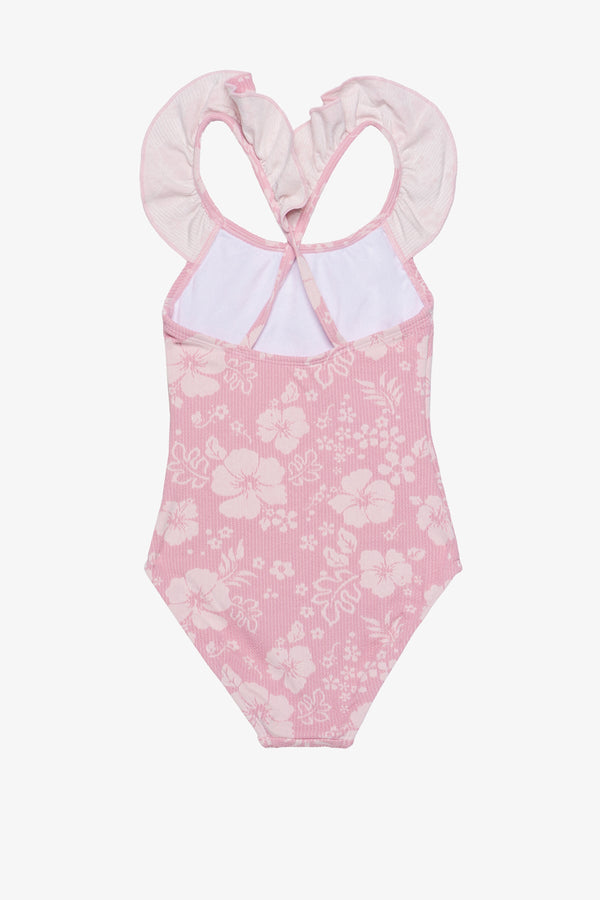 Girls Pink Textured Ruffle Swimsuit