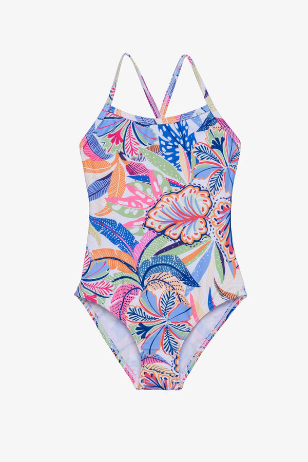Girls Tropical Print Criss-Cross Back Swimsuit