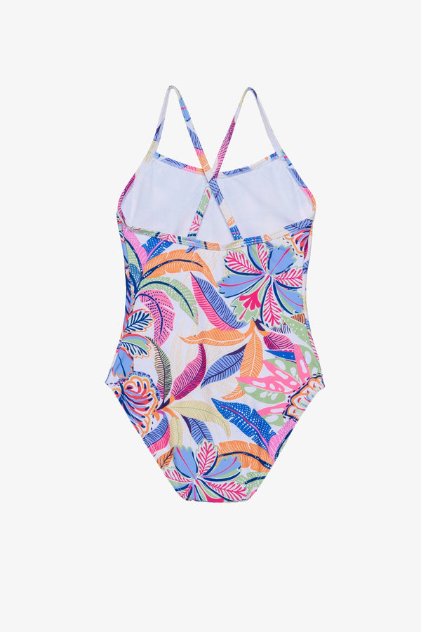 Girls Tropical Print Criss-Cross Back Swimsuit