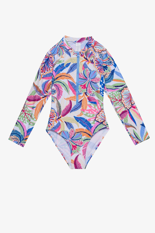 Girls Tropical Print Long Sleeve Zip Front Swimsuit