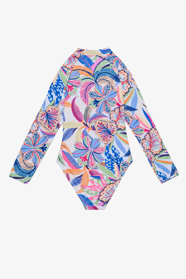 Girls Tropical Print Long Sleeve Zip Front Swimsuit