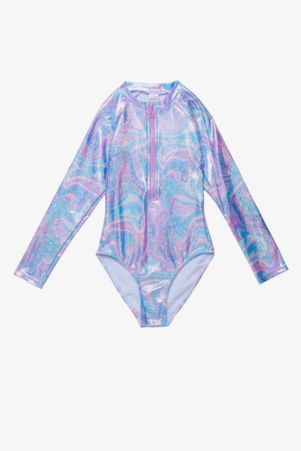 Girls Marble Sparkle Long Sleeve Zip Front Swimsuit – Multi Pink