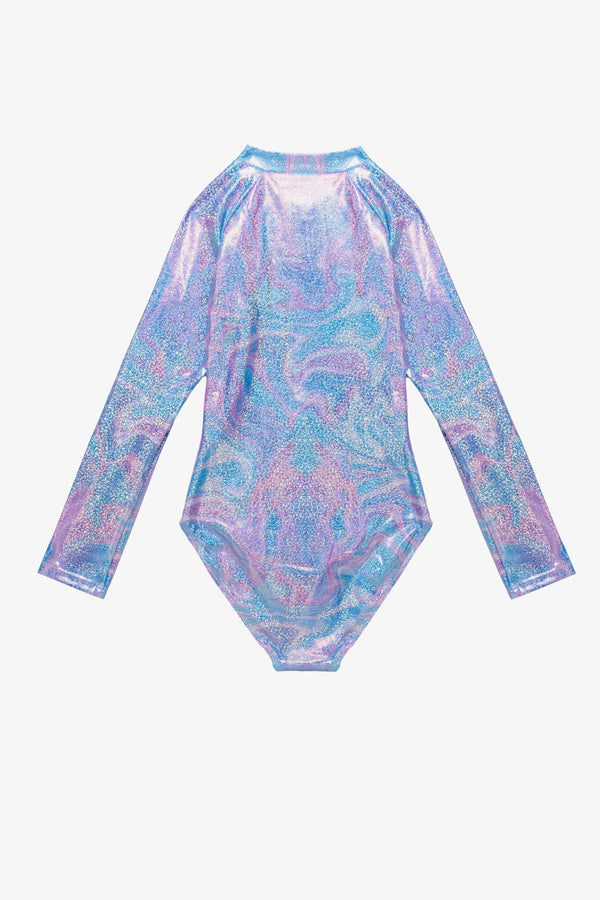 Girls Marble Sparkle Long Sleeve Zip Front Swimsuit – Multi Pink