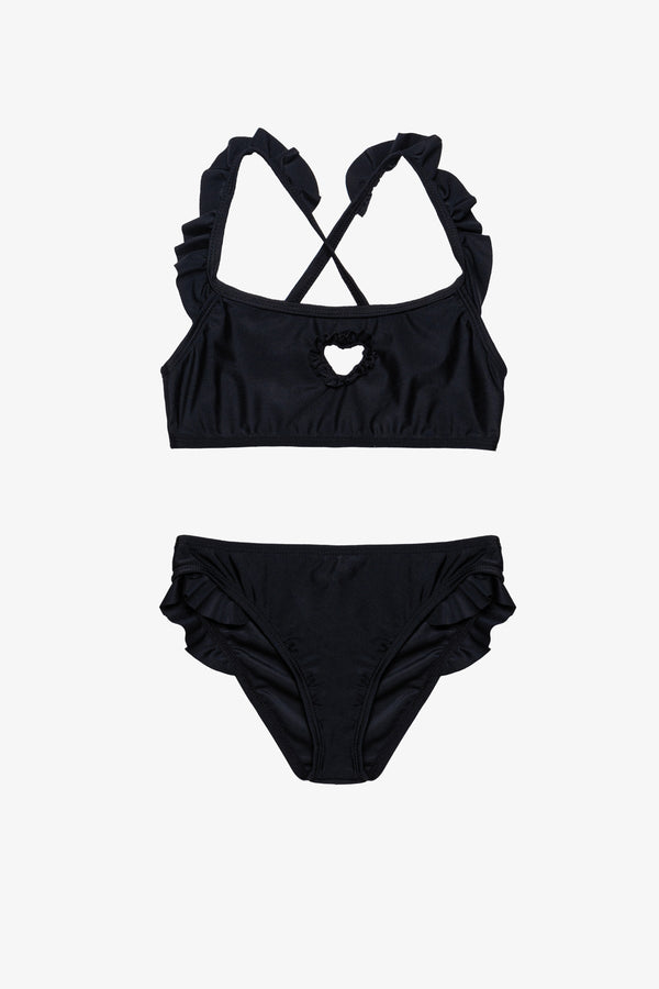 Girls Black Ruffle Criss-Cross Bikini Set