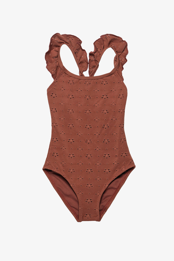 Girls Brown Floral Lace Ruffle Swimsuit with Criss-Cross Back