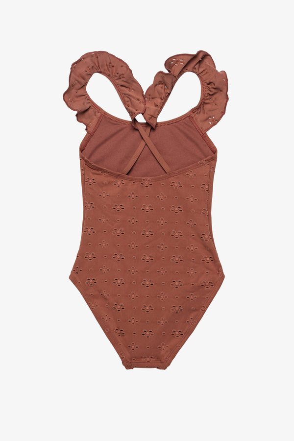 Girls Brown Floral Lace Ruffle Swimsuit with Criss-Cross Back