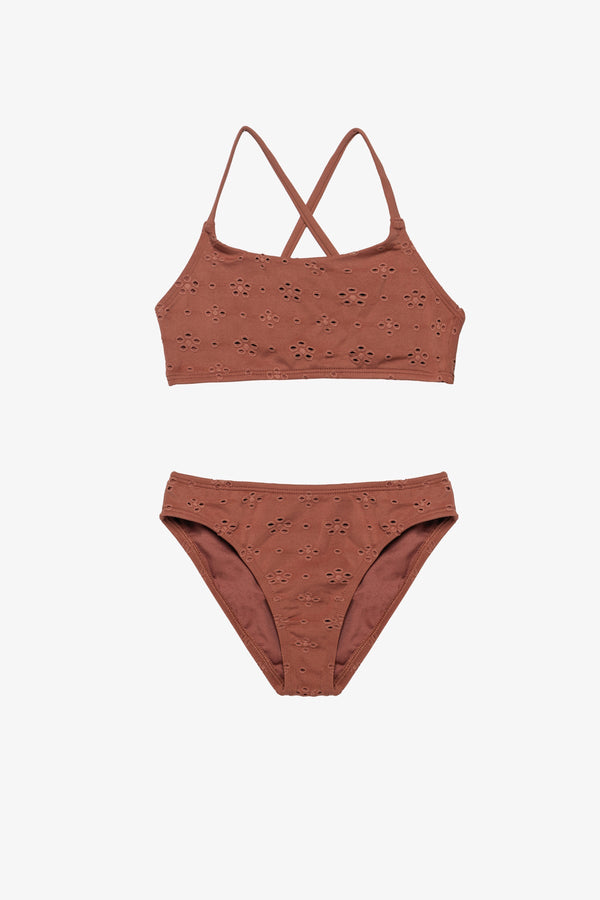 Girls Brown Lace Bikini Set with Criss-Cross Straps