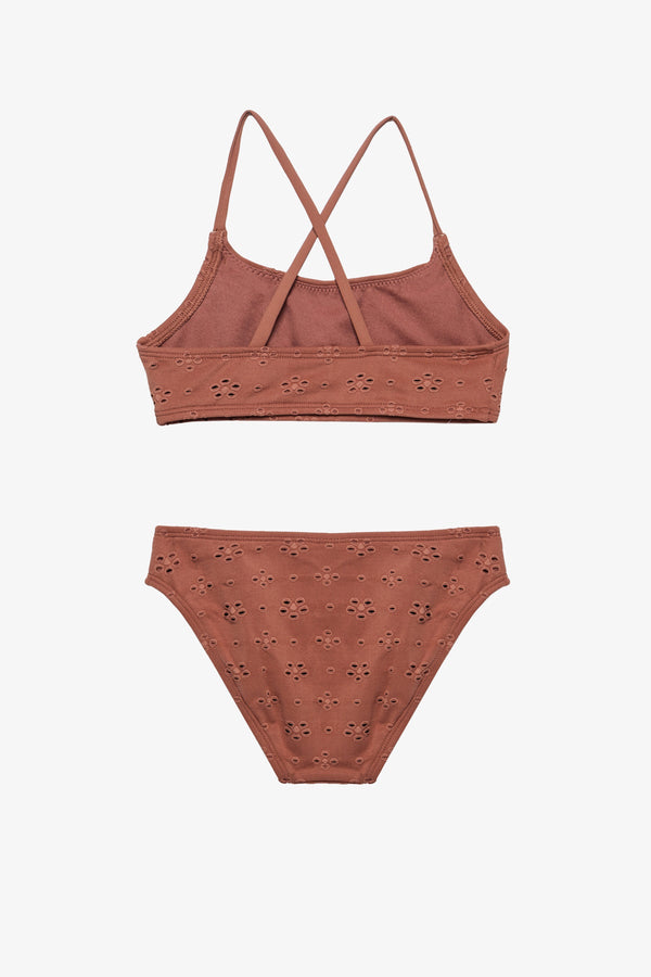 Girls Brown Lace Bikini Set with Criss-Cross Straps