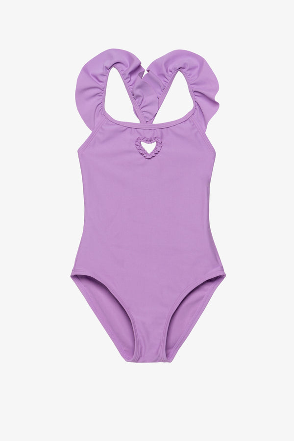 Girls Purple Ruffle Strap Swimsuit