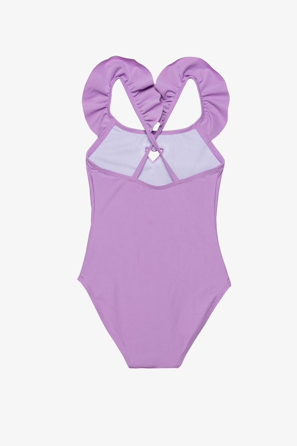 Girls Purple Ruffle Strap Swimsuit