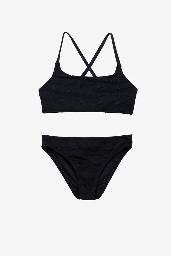 Girls Black Lace Bikini Set with Criss-Cross Straps