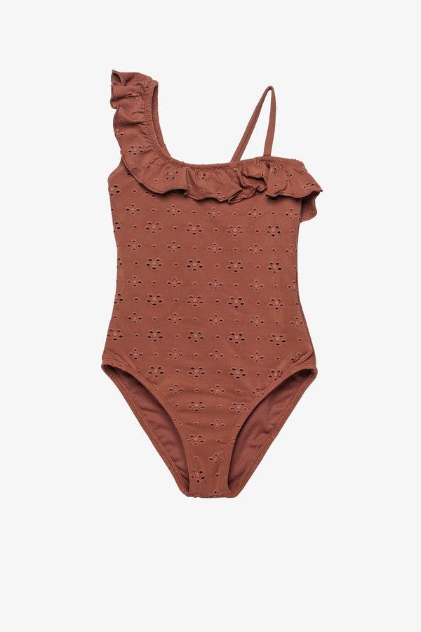 Girls Brown Lace Ruffle One-Shoulder Swimsuit