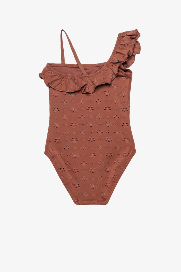 Girls Brown Lace Ruffle One-Shoulder Swimsuit