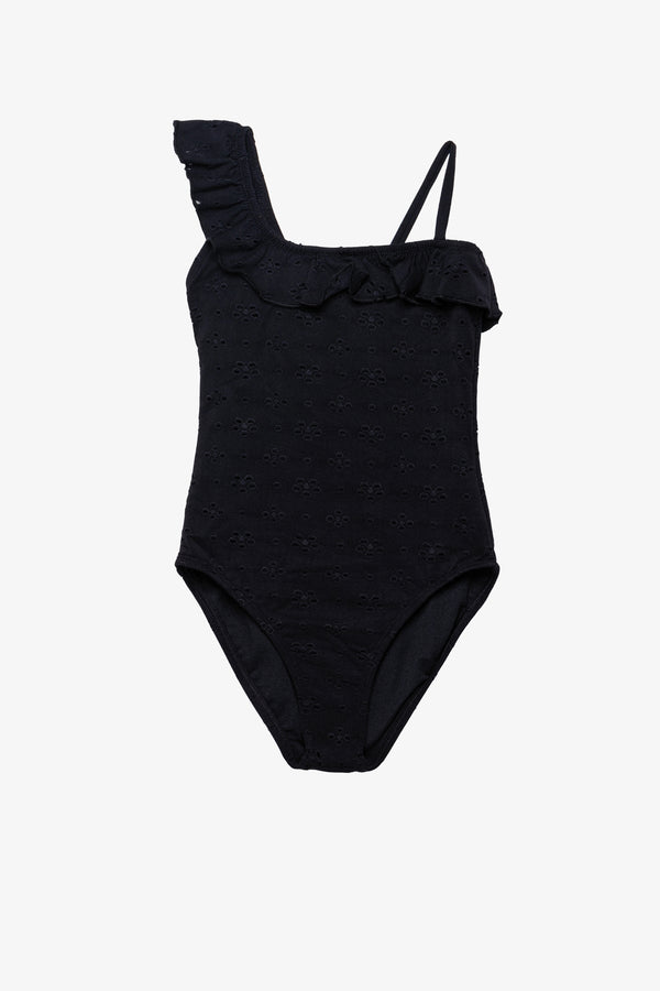 Girls Black Lace Ruffle One-Shoulder Swimsuit