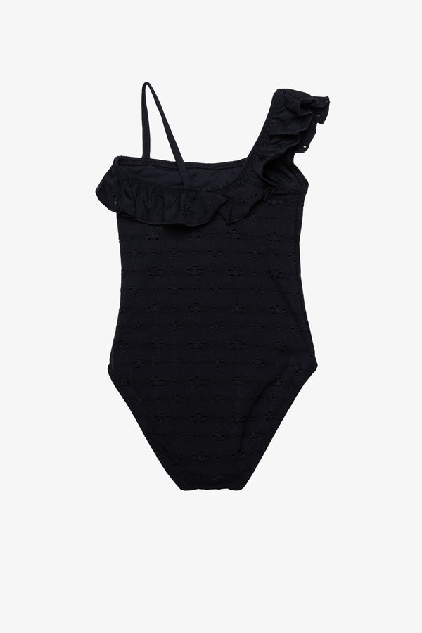 Girls Black Lace Ruffle One-Shoulder Swimsuit