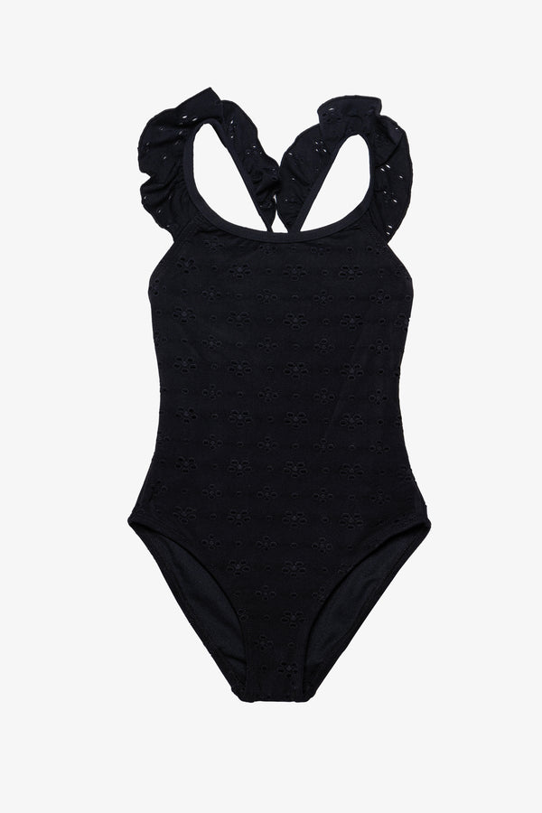 Girls Black Floral Lace Ruffle Swimsuit with Criss-Cross Back