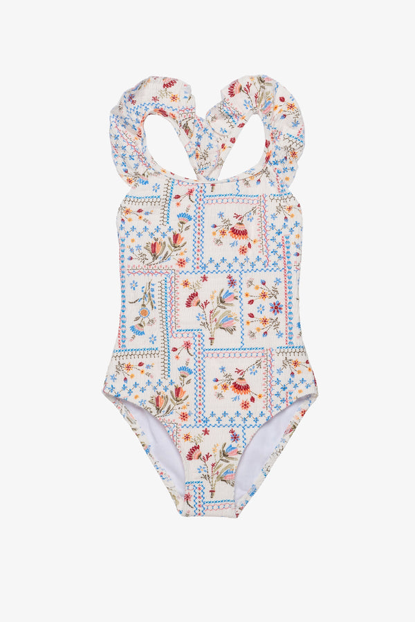 Girls Textured Floral Square Neck Ruffle Swimsuit – Multi