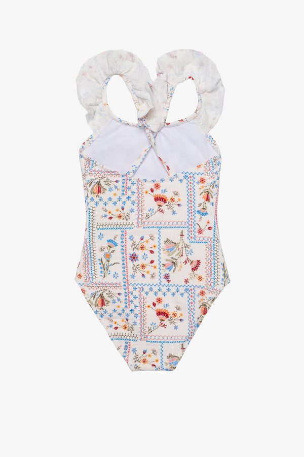 Girls Textured Floral Square Neck Ruffle Swimsuit – Multi