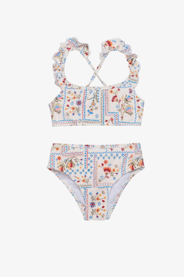 Girls Textured Floral Ruffle Bikini Set – Multi