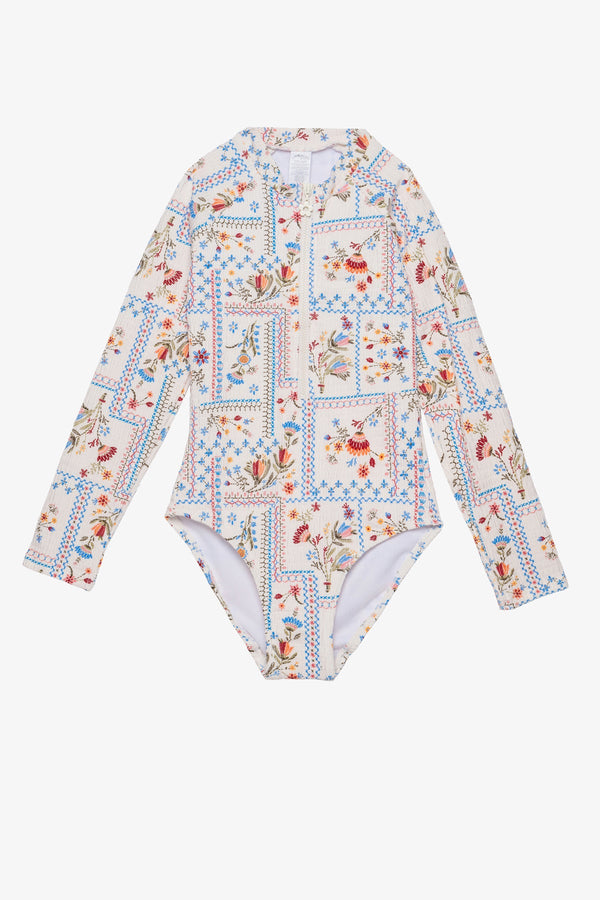 Girls Textured Floral Long Sleeve Zip Front Swimsuit – Multi