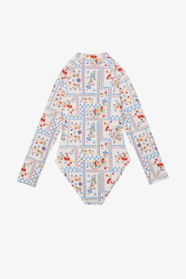 Girls Textured Floral Long Sleeve Zip Front Swimsuit – Multi