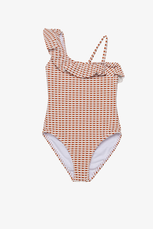 Girls Brown Textured Check One-Shoulder Swimsuit