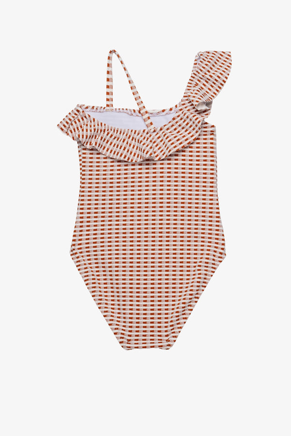 Girls Brown Textured Check One-Shoulder Swimsuit
