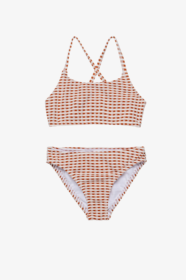 Girls Brown Textured Gingham Bikini Set with Criss-Cross Straps