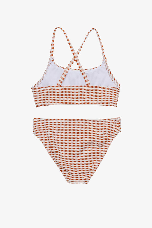 Girls Brown Textured Gingham Bikini Set with Criss-Cross Straps
