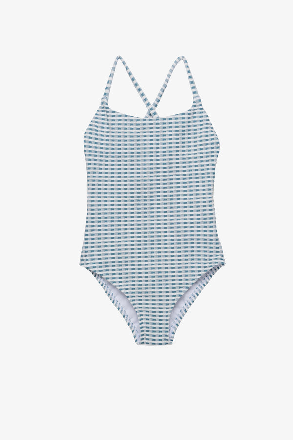 Girls Green Textured Gingham Criss-Cross Back Swimsuit