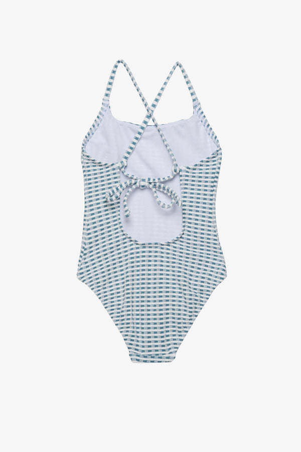 Girls Green Textured Gingham Criss-Cross Back Swimsuit