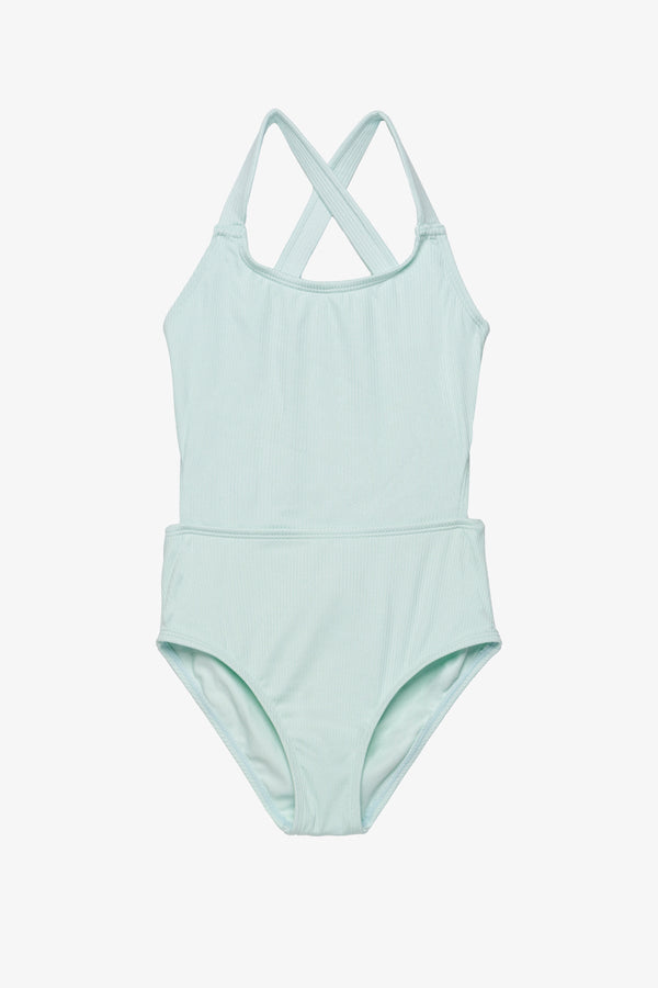 Girls Green Ribbed Criss-Cross Back Swimsuit